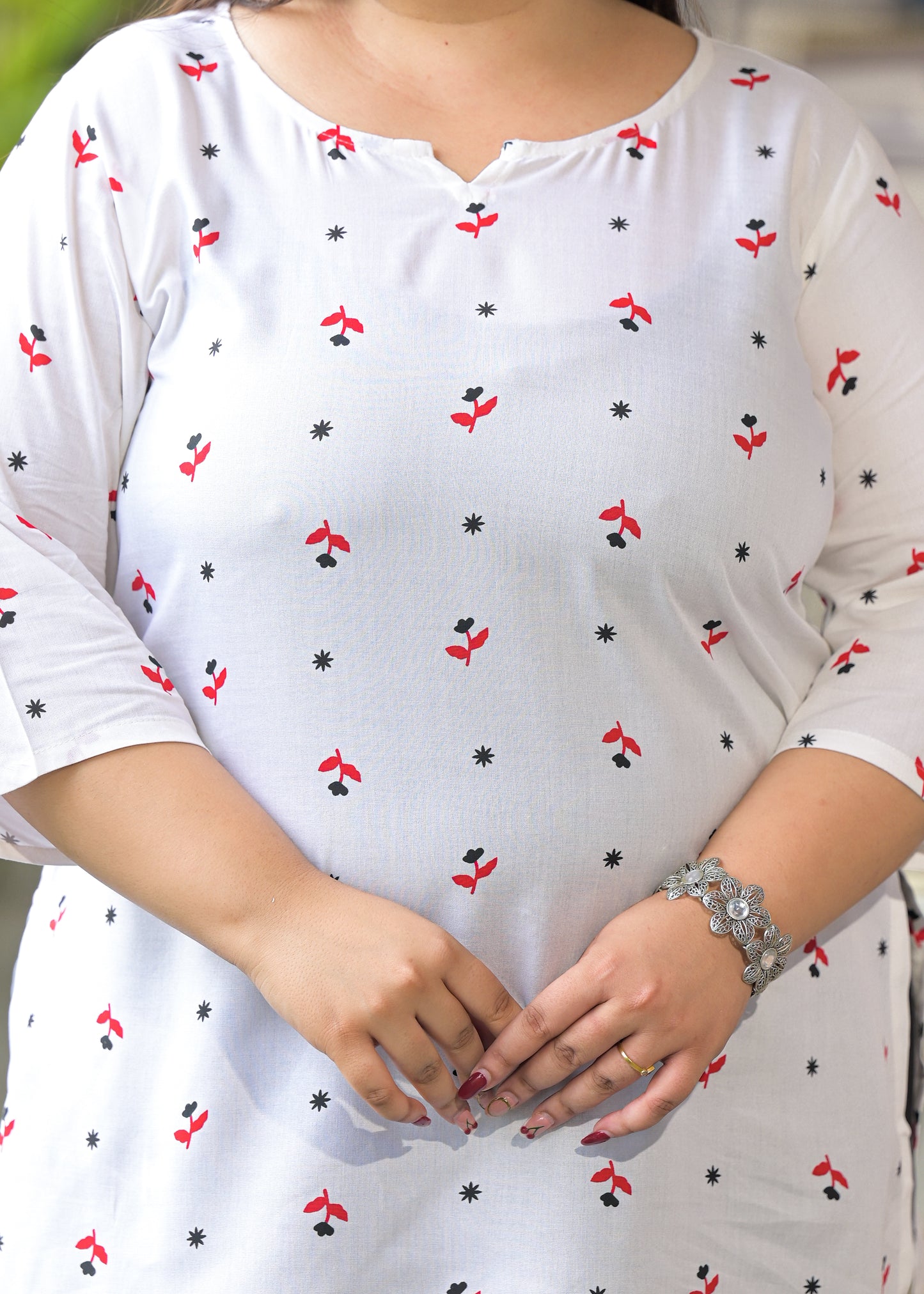 White Micro Print Ethnic Top