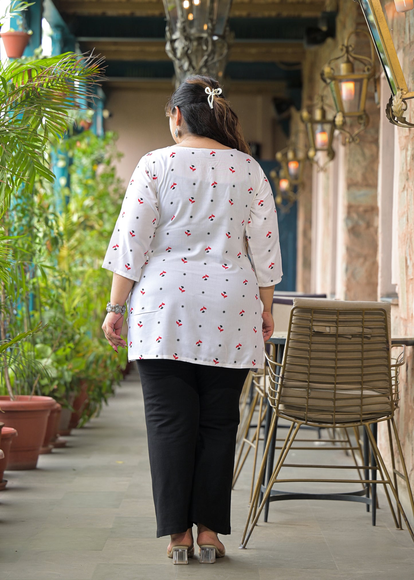 White Micro Print Ethnic Top