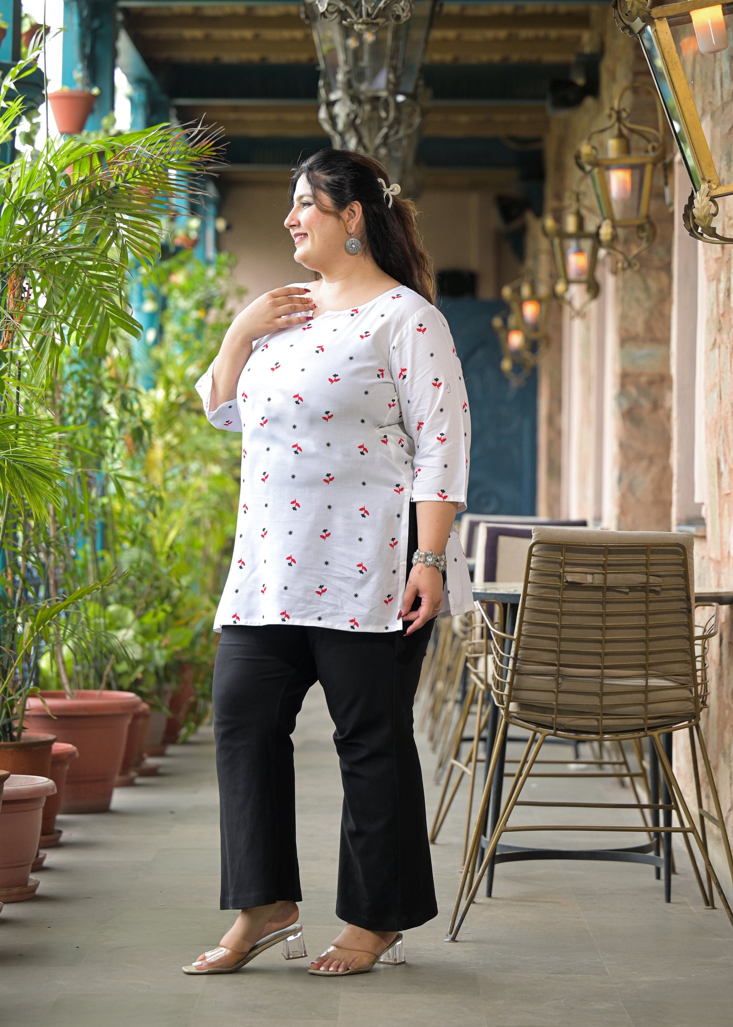 White Micro Print Ethnic Top
