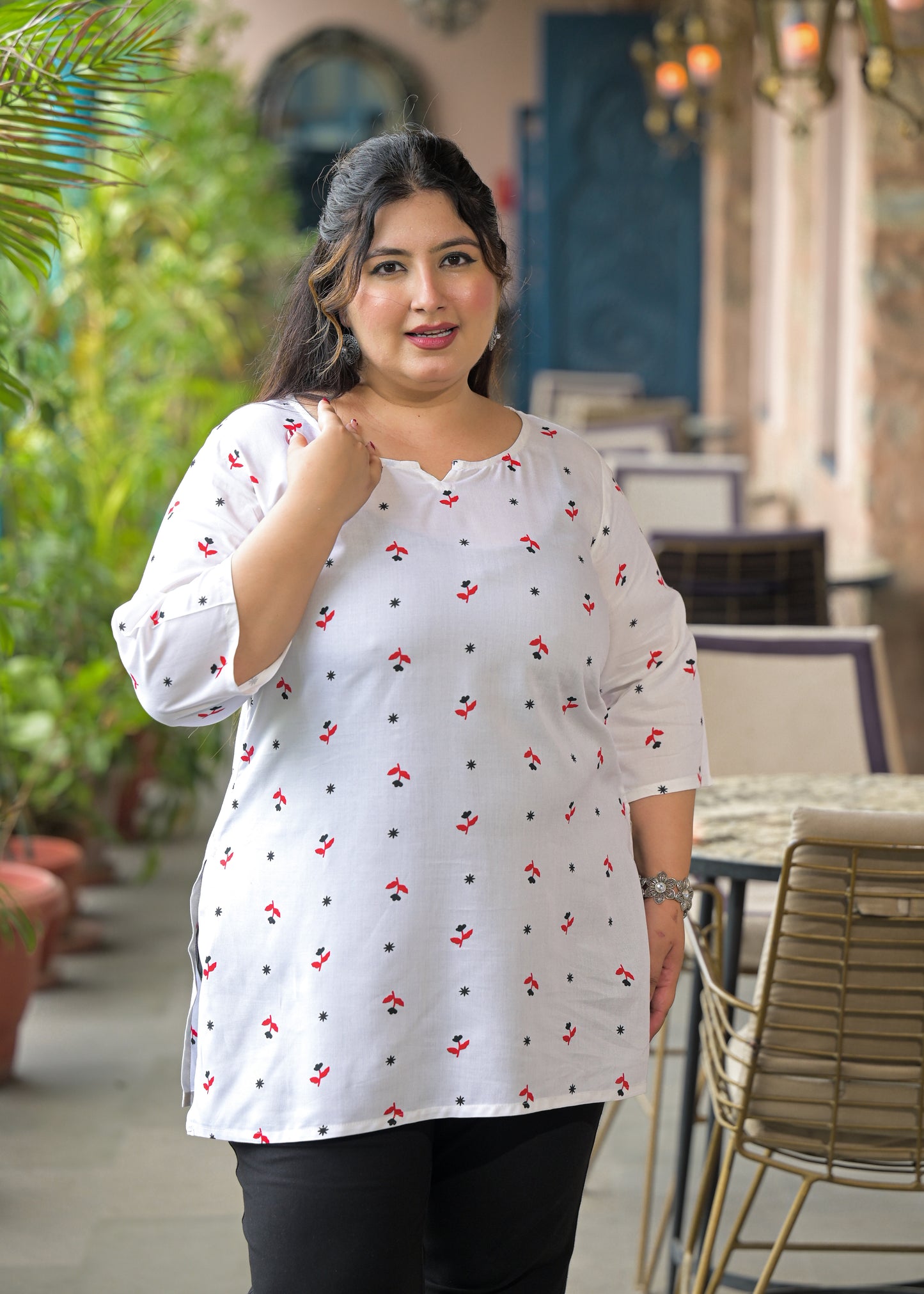 White Micro Print Ethnic Top
