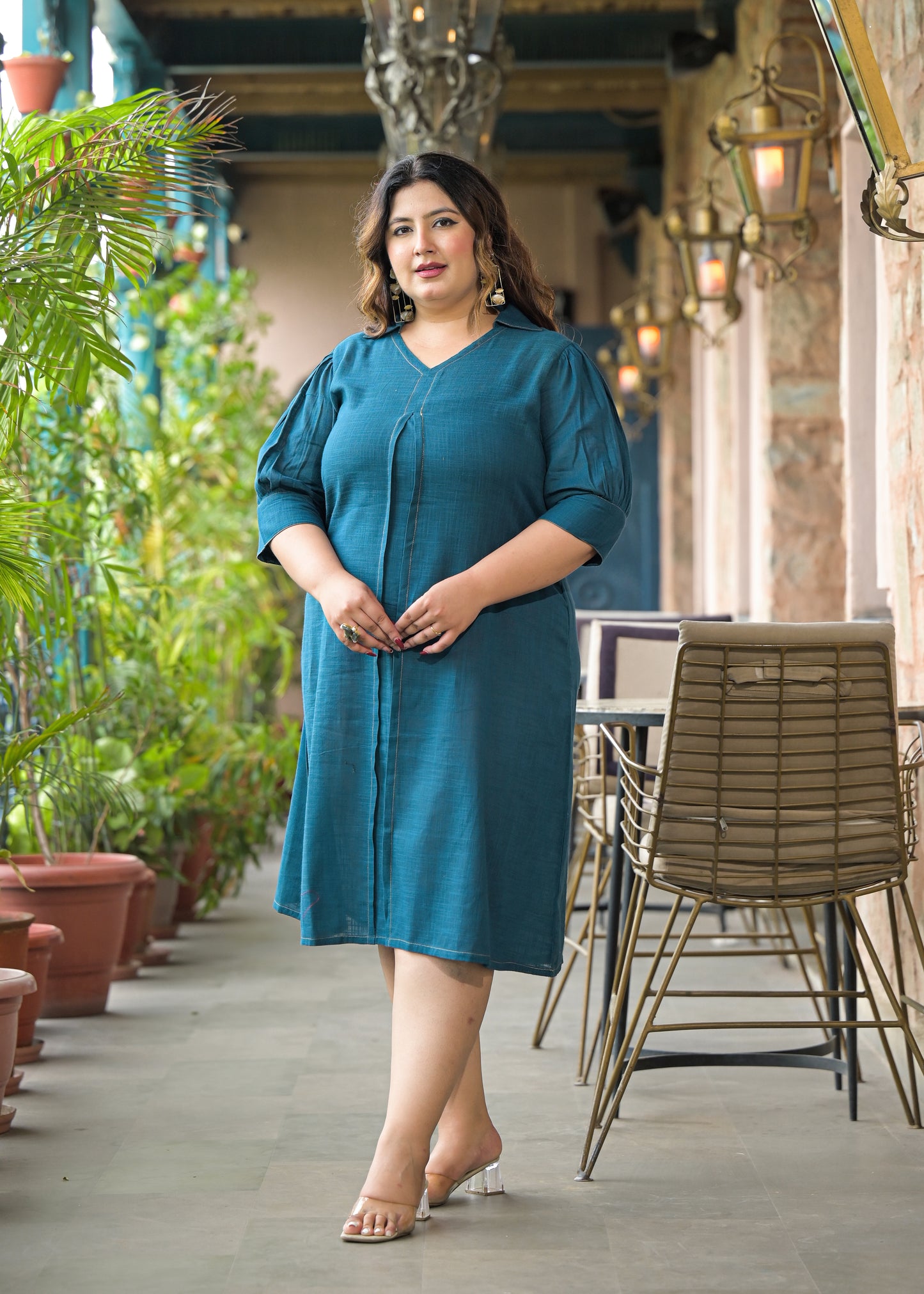 Teal Solid Cotton Midi Dress