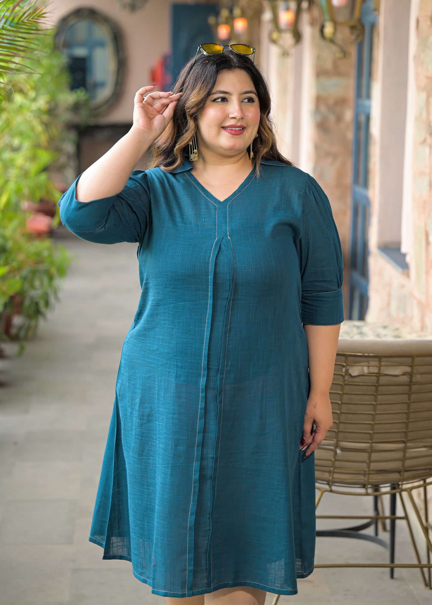 Teal Solid Cotton Midi Dress