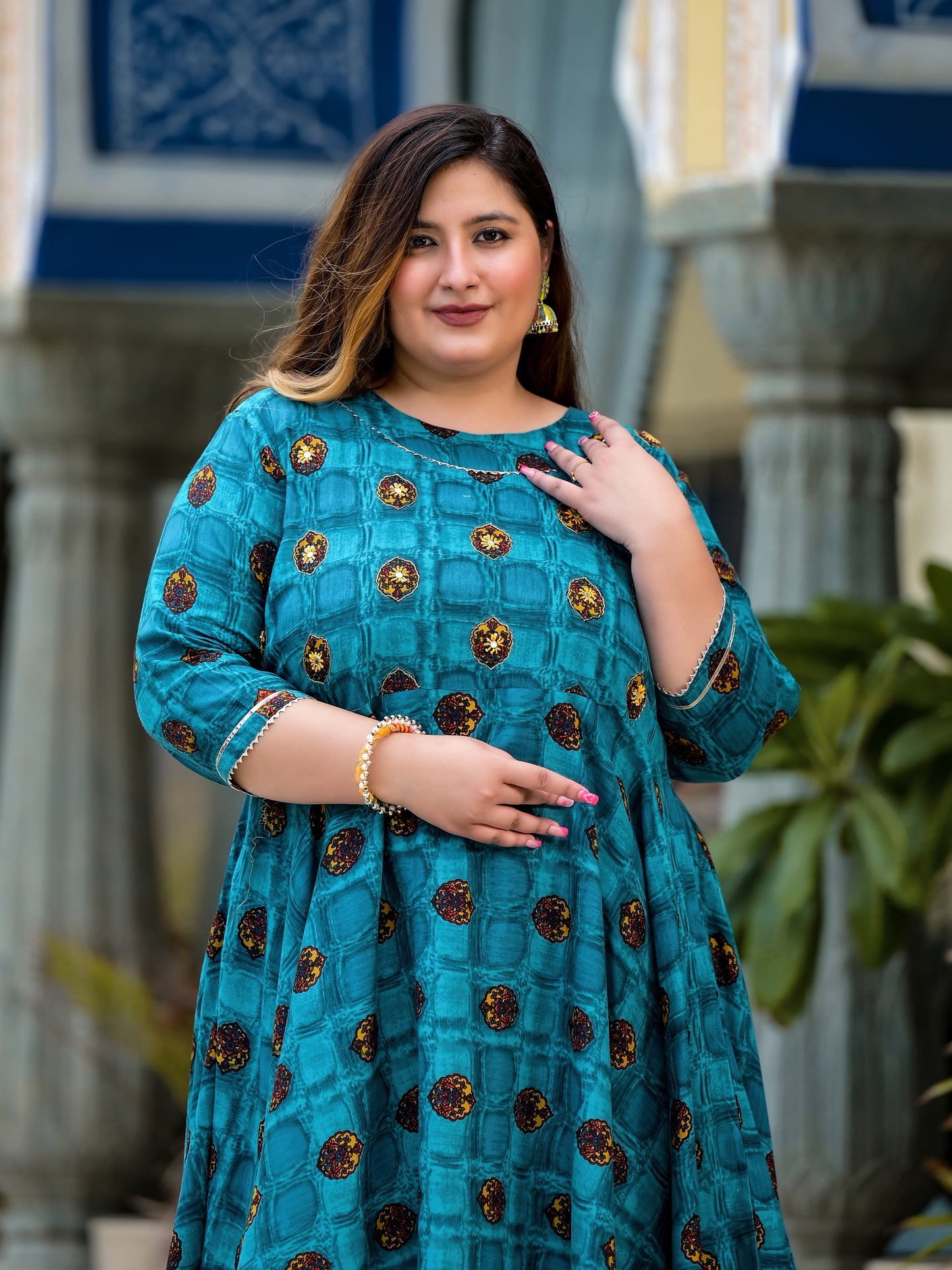 Teal Blue Anarkali Kurti With Hand Work