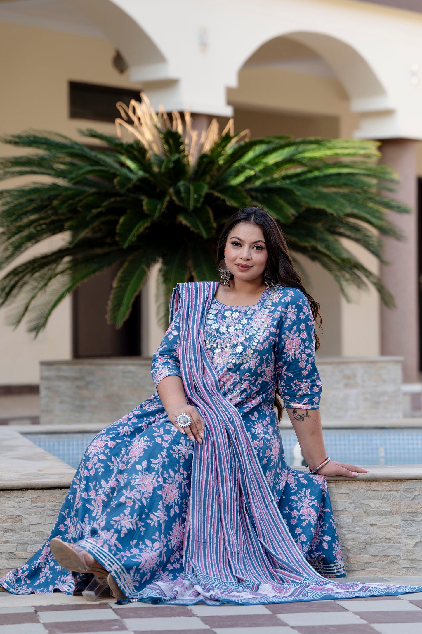 Blue Embroidered Anarkali Kurta & Dupatta Set