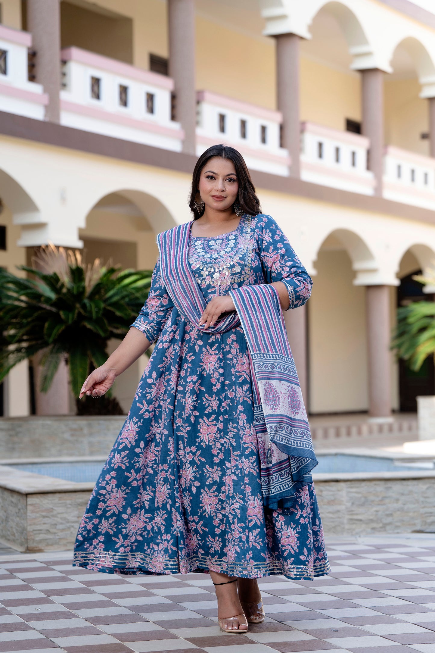 Blue Embroidered Anarkali Kurta & Dupatta Set