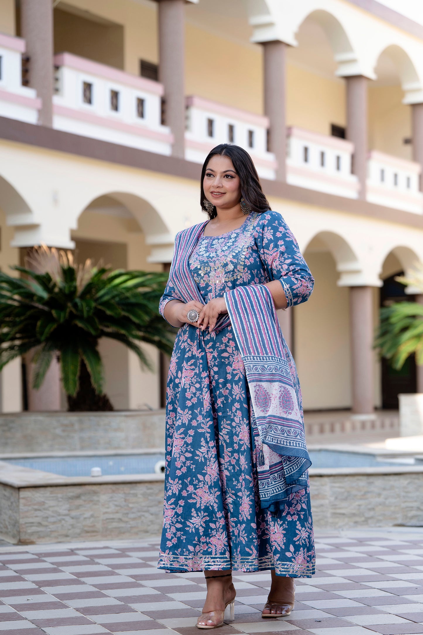 Blue Embroidered Anarkali Kurta & Dupatta Set