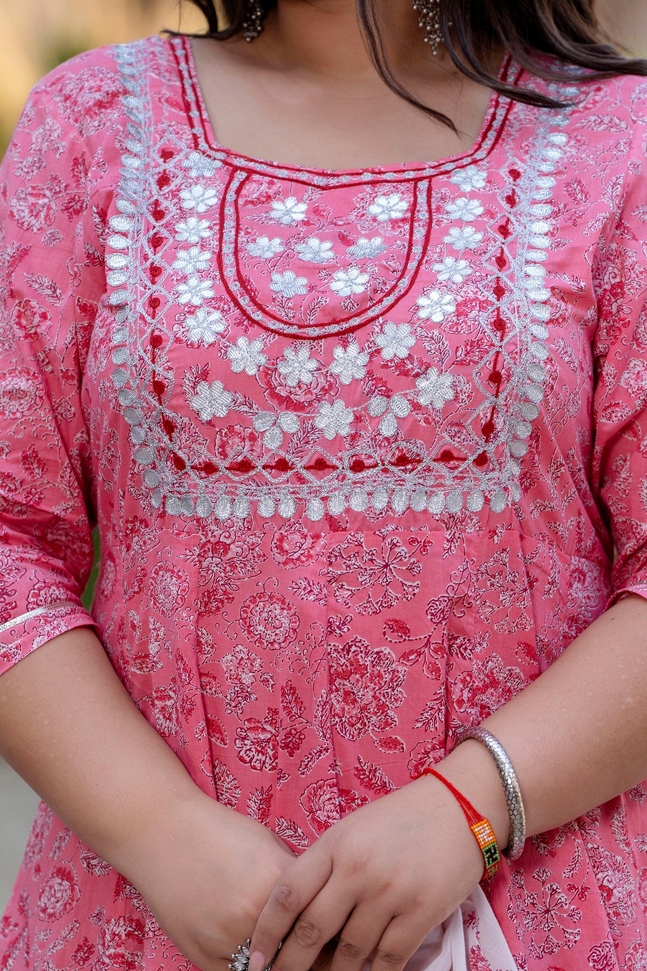 Pink Embroidered Anarkali Kurta & Dupatta Set (Pure Cotton)