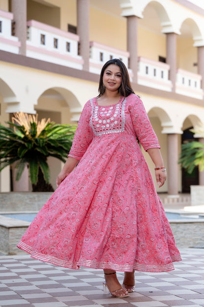 Pink Embroidered Anarkali Kurta & Dupatta Set (Pure Cotton)