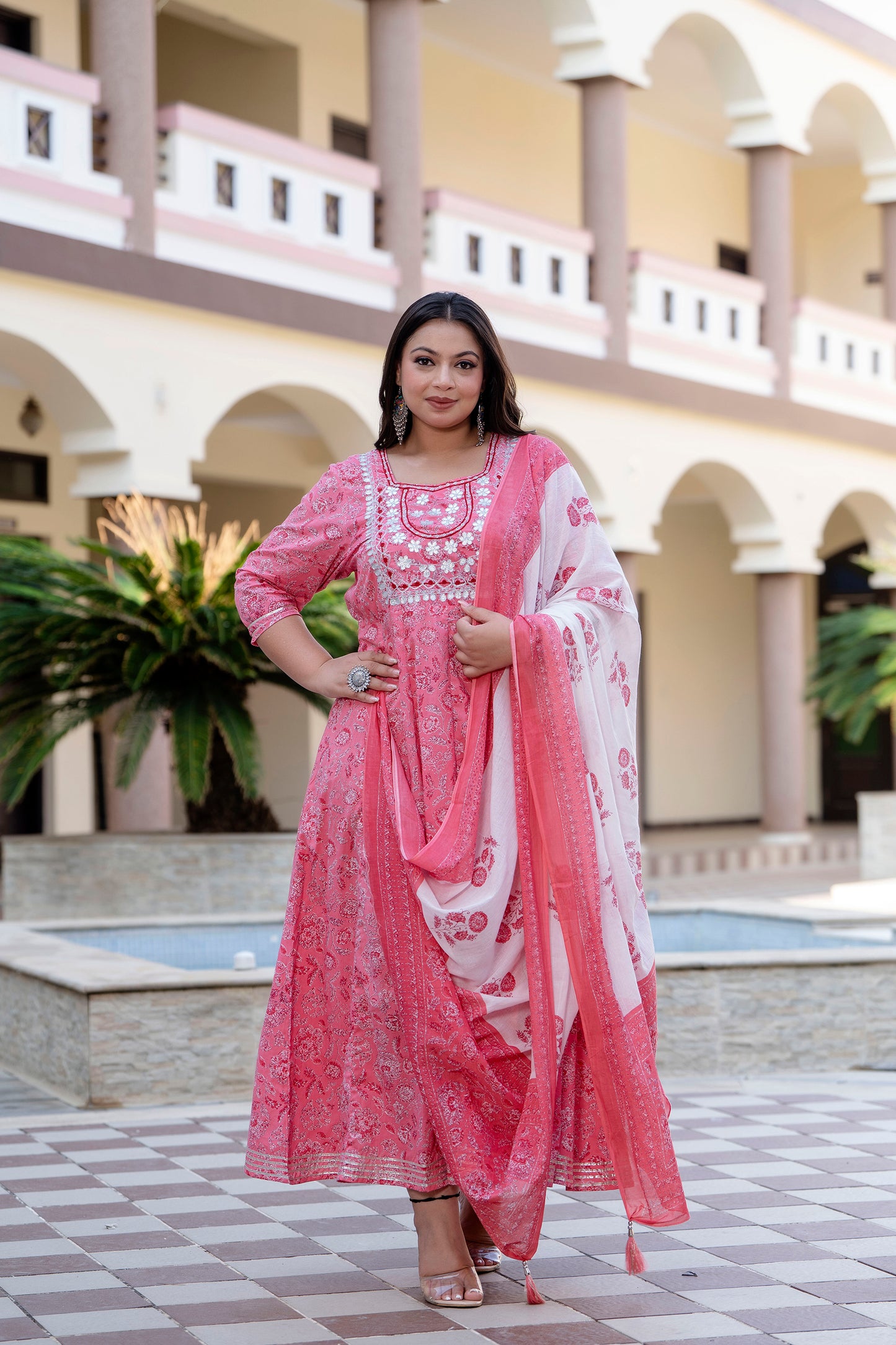 Pink Embroidered Anarkali Kurta & Dupatta Set (Pure Cotton)