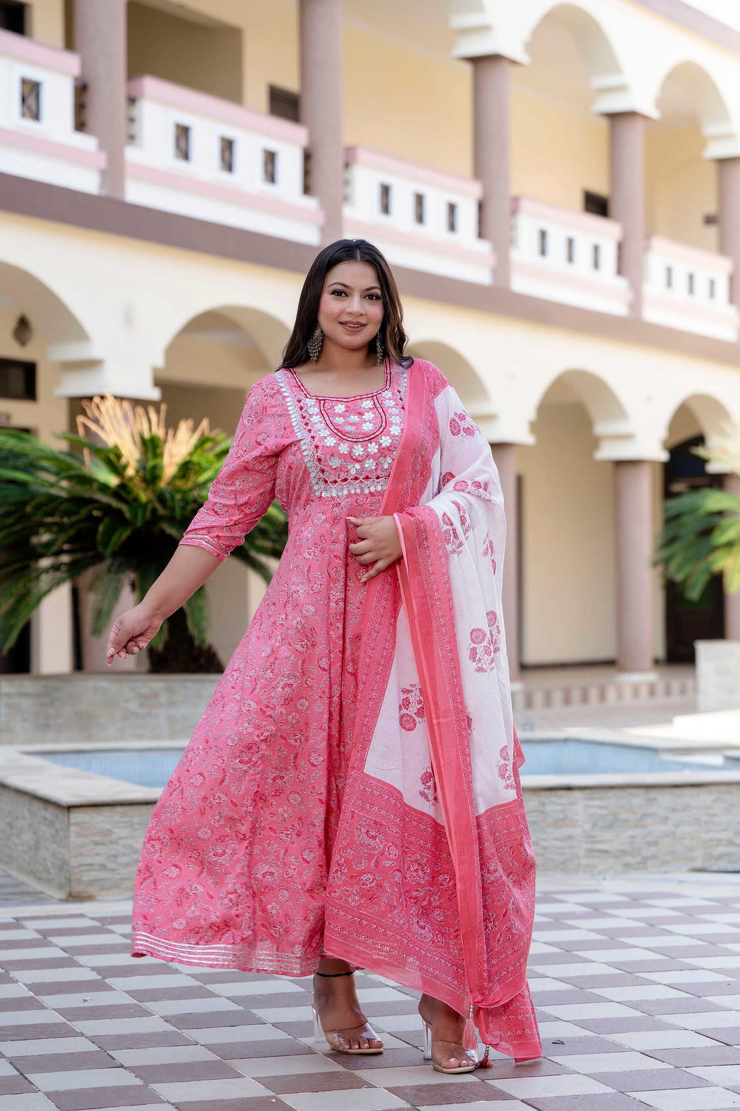 Pink Embroidered Anarkali Kurta & Dupatta Set (Pure Cotton)