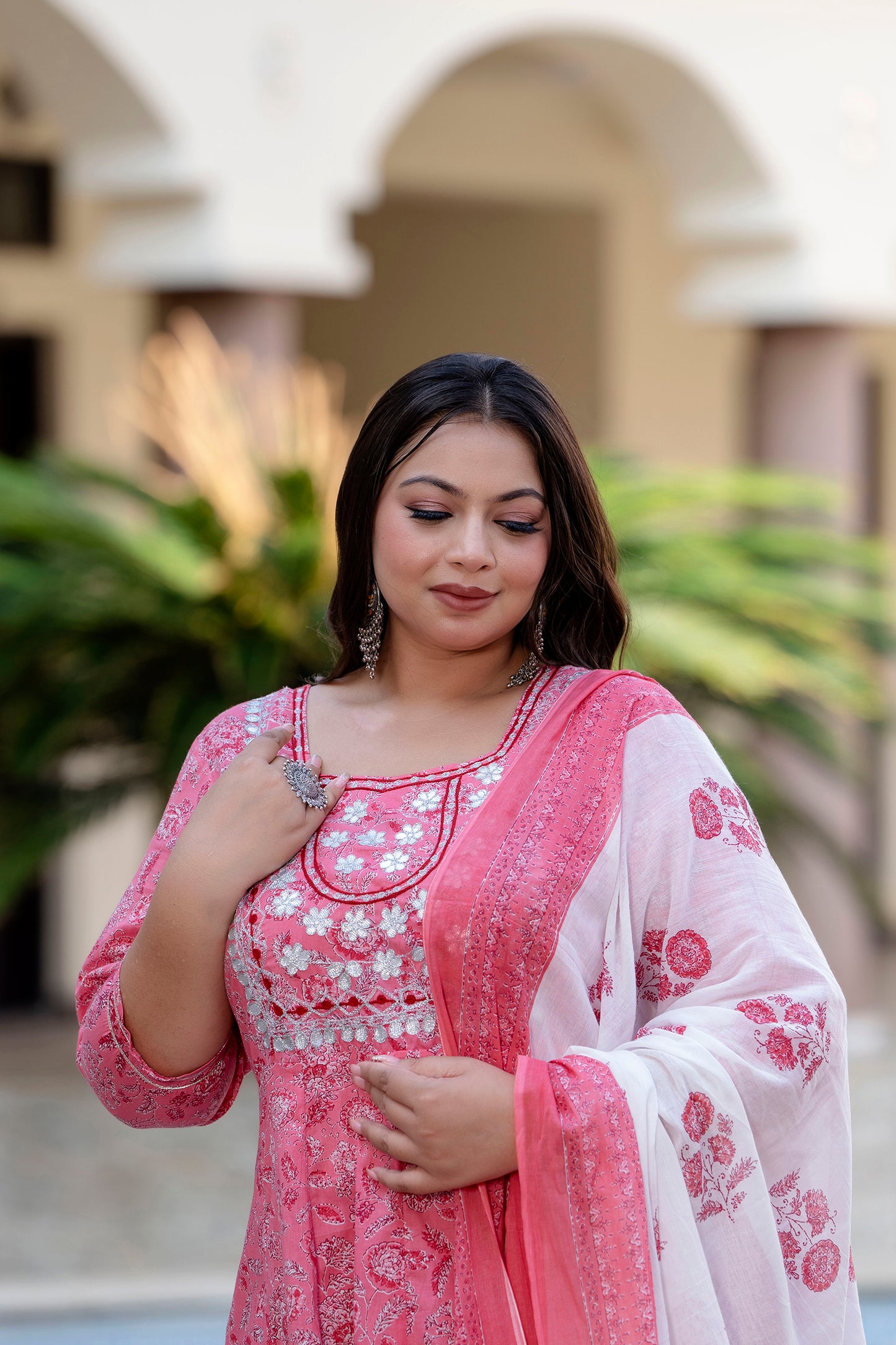 Pink Embroidered Anarkali Kurta & Dupatta Set (Pure Cotton)