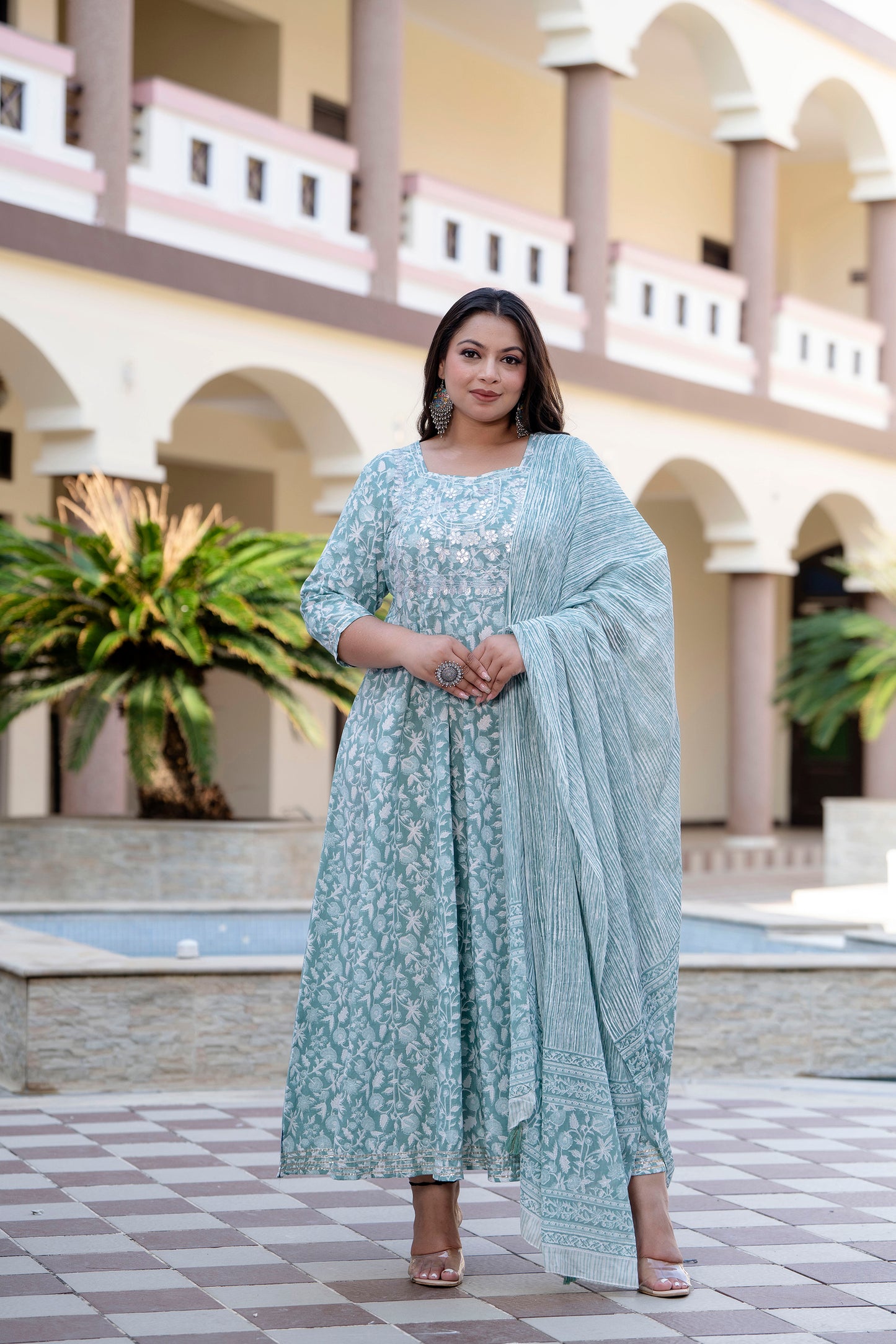 Sky Grey Embroidered Anarkali Kurta & Dupatta Set