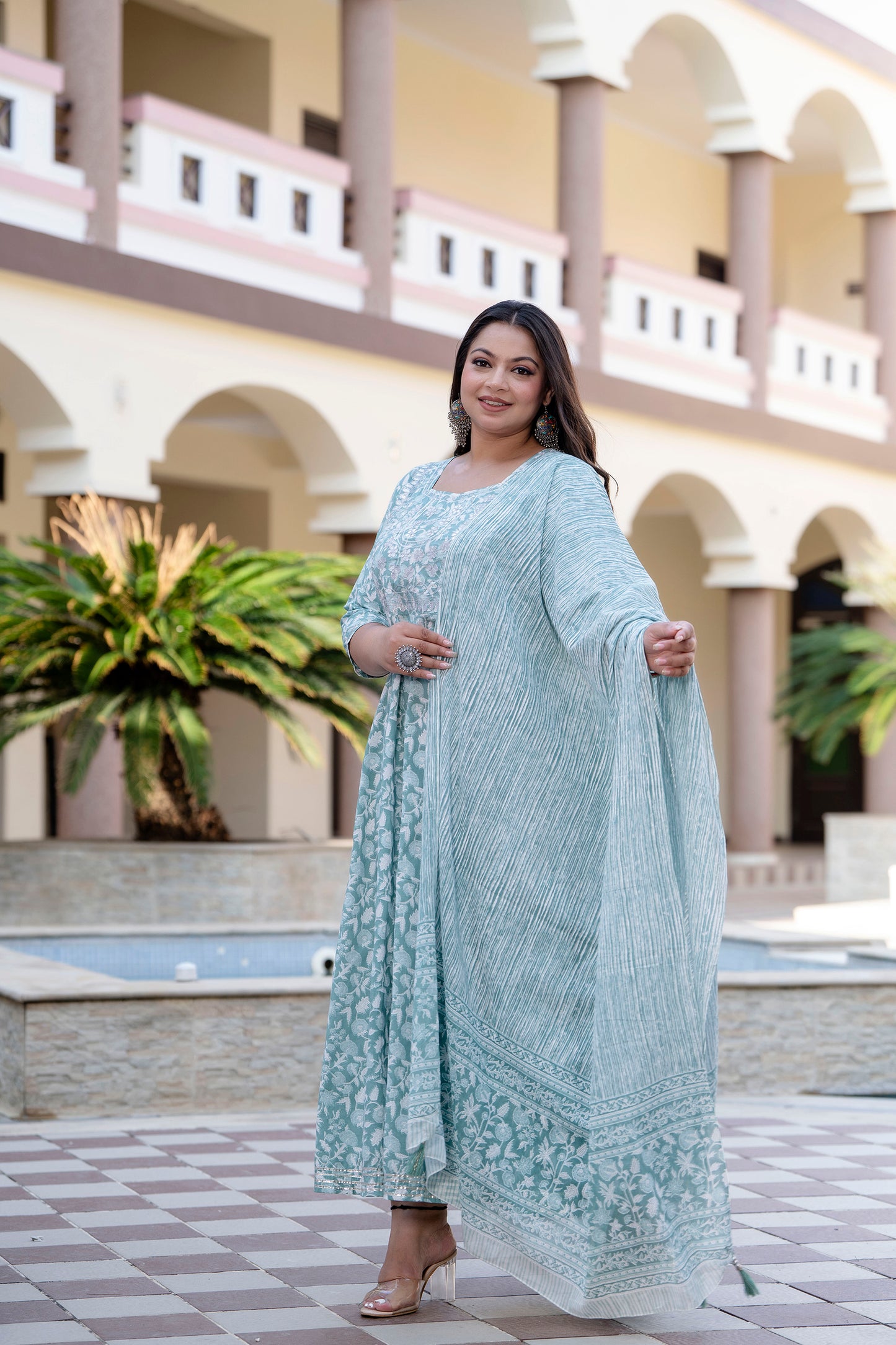 Sky Grey Embroidered Anarkali Kurta & Dupatta Set