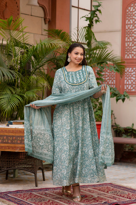 Green Anarkali Kurta Dupatta Set