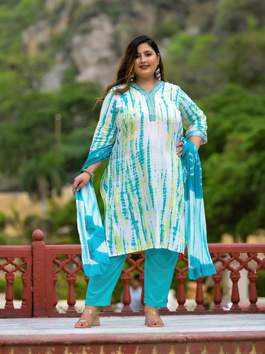 Sea Green Tie-Dye Kurta Pant Dupatta Set
