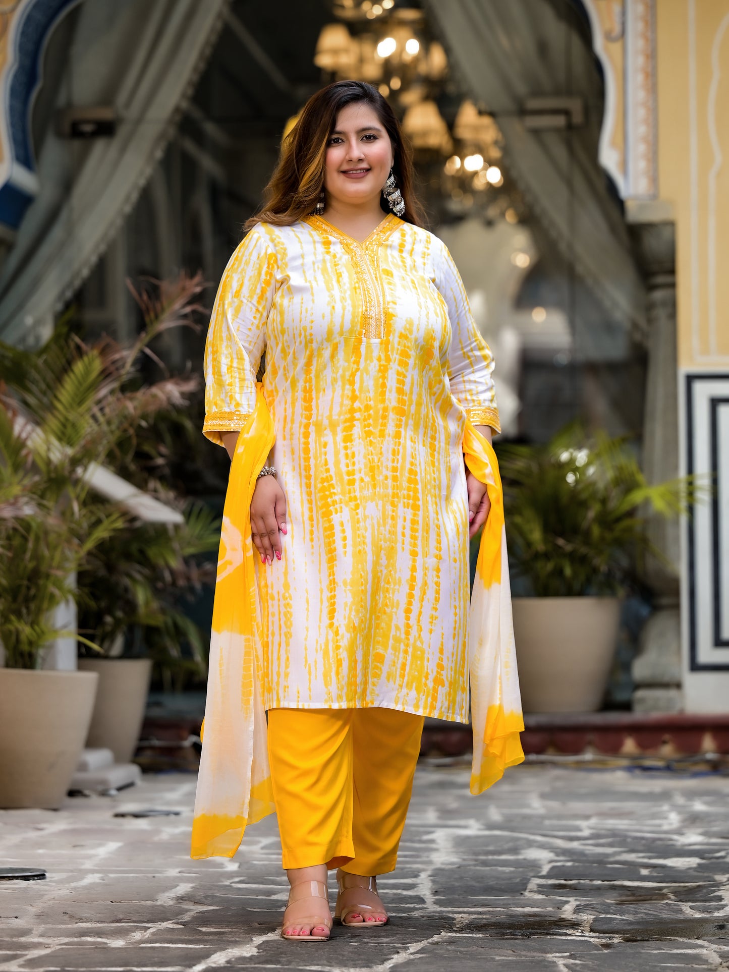 Yellow Tie-Dye Kurta Pant Dupatta Set