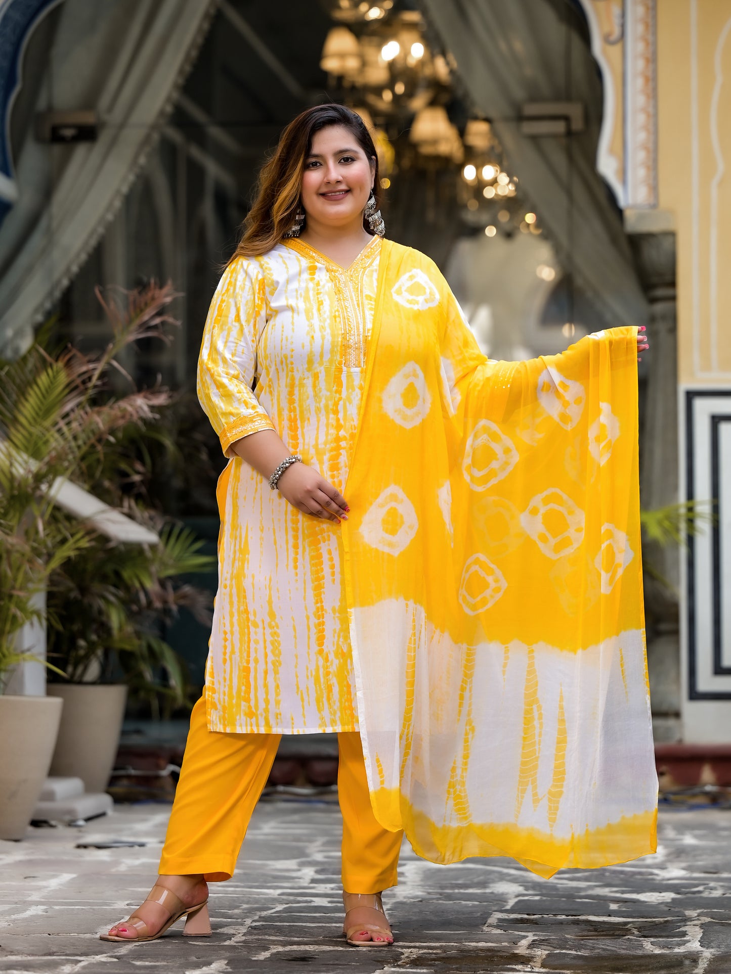 Yellow Tie-Dye Kurta Pant Dupatta Set