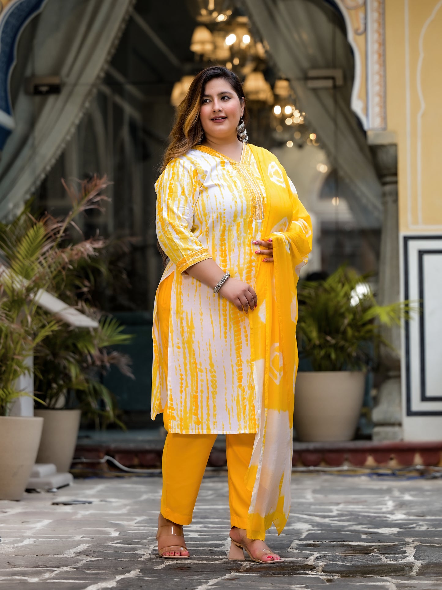 Yellow Tie-Dye Kurta Pant Dupatta Set