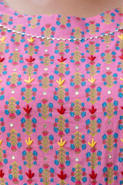 Pink Pure Cotton Straight Kurti With Handwork