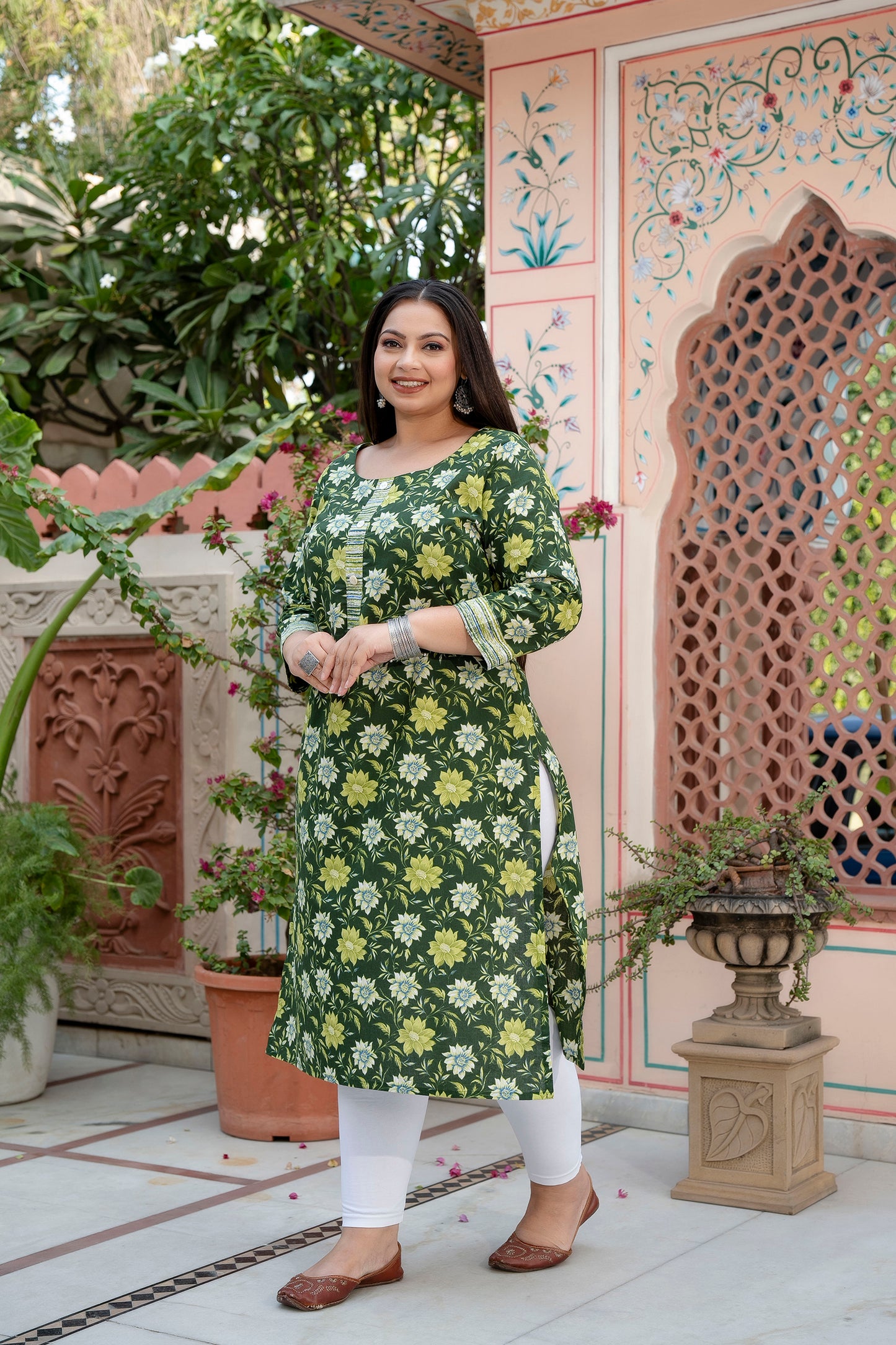 Green Floral Print Pure Cotton Straight Kurti