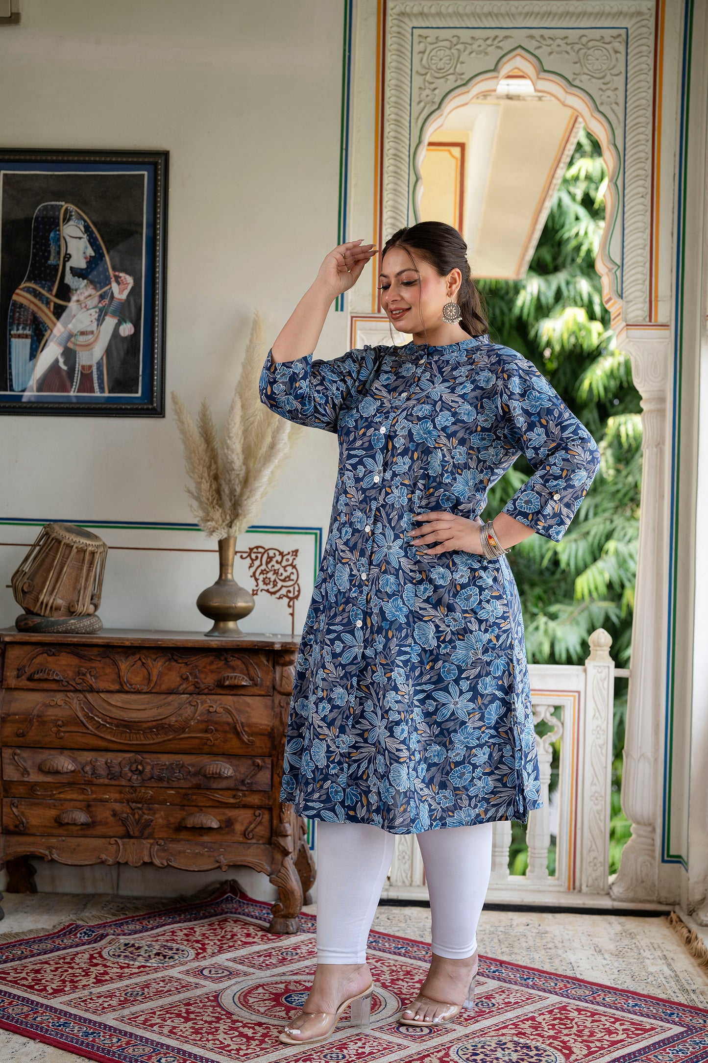 Blue Pure Cotton 'A' Line Kurta