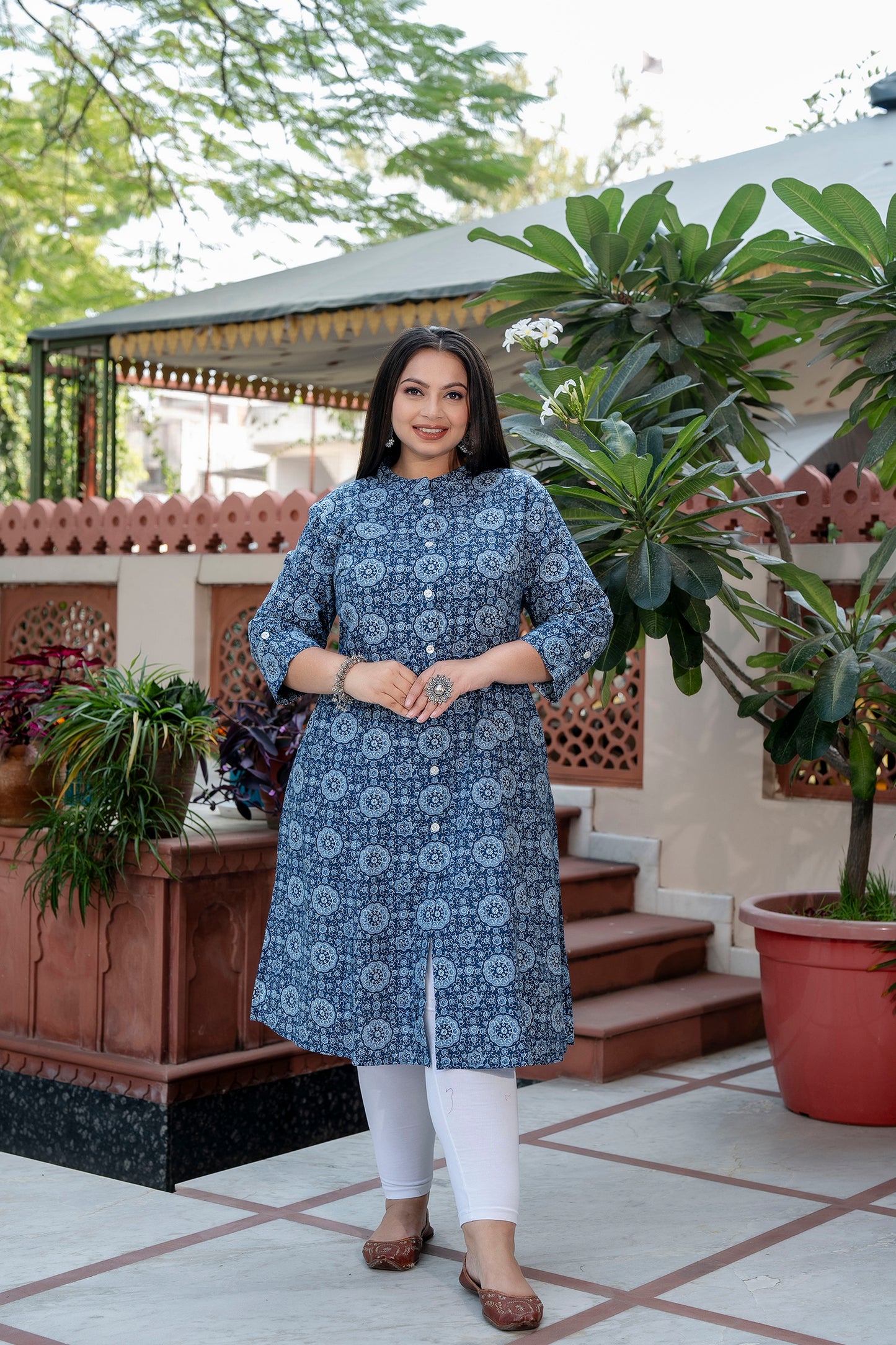 Blue Pure Cotton 'A' Line Kurta