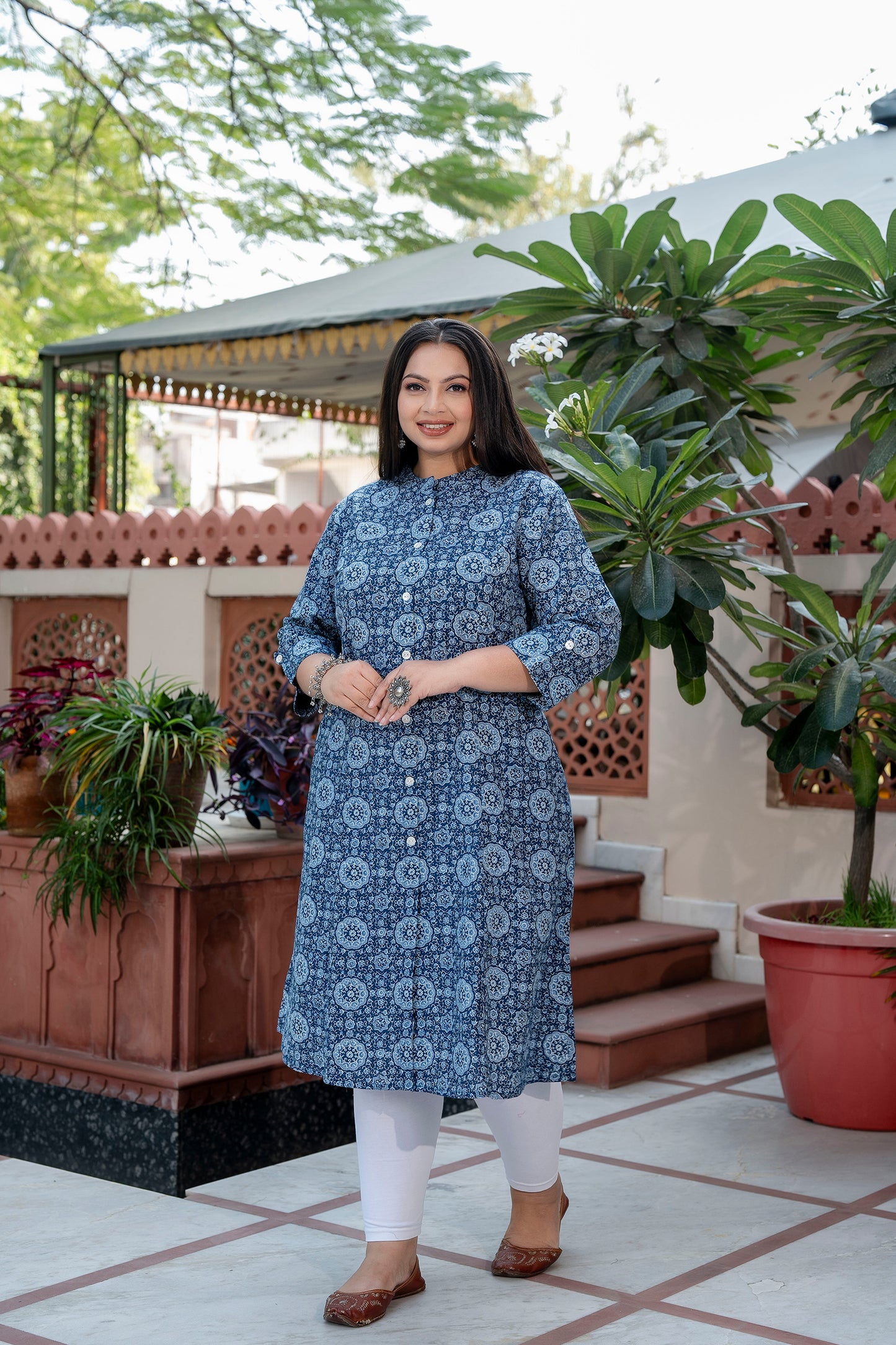 Blue Pure Cotton 'A' Line Kurta