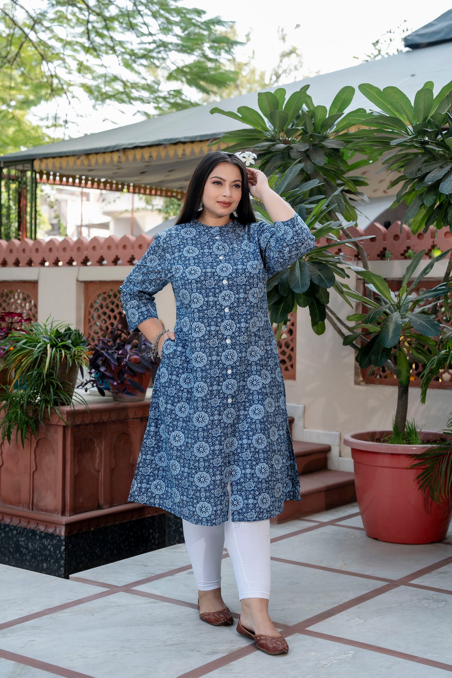 Blue Pure Cotton 'A' Line Kurta