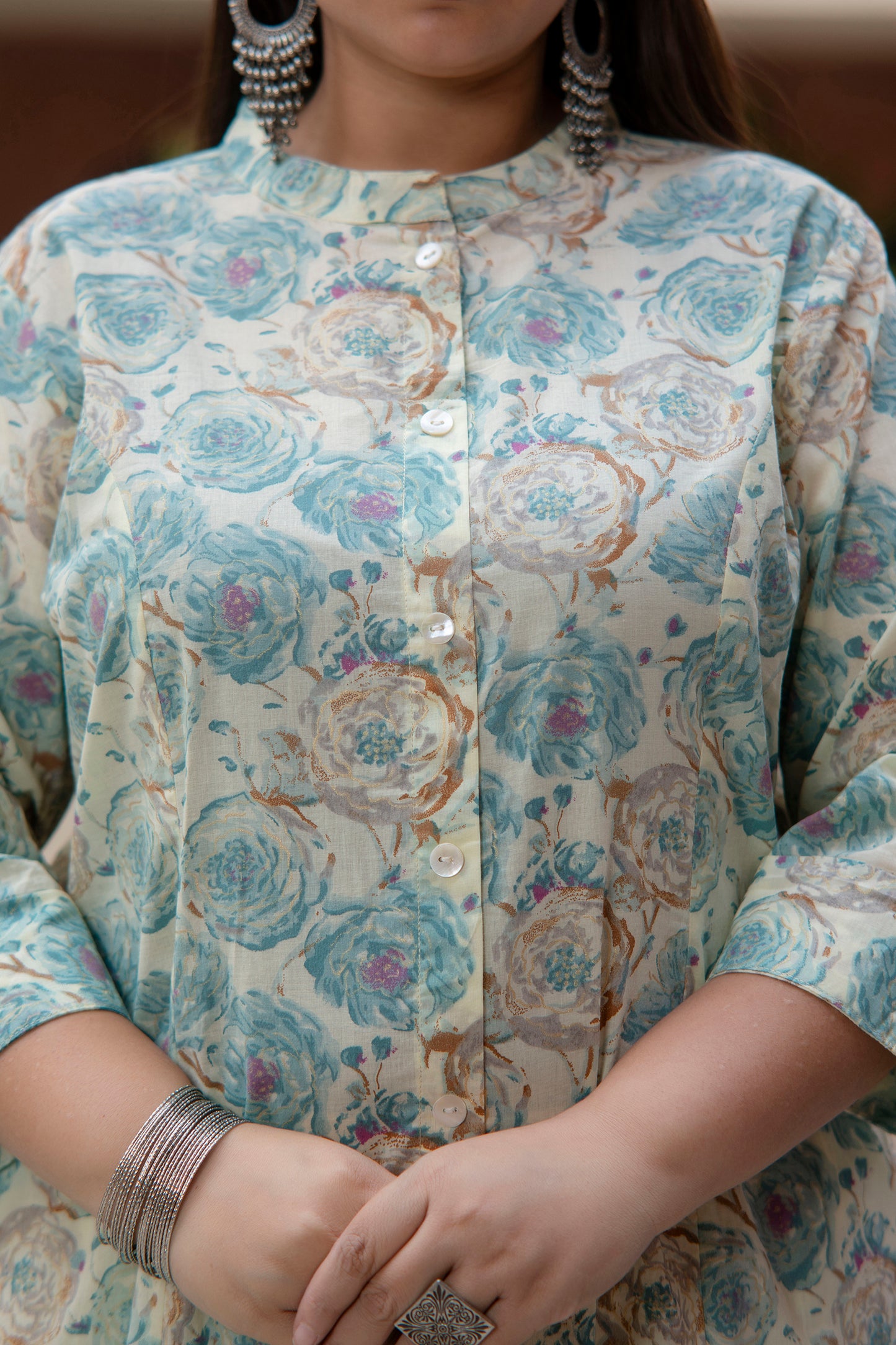 Off White Blue Pure Cotton 'A' Line Kurta