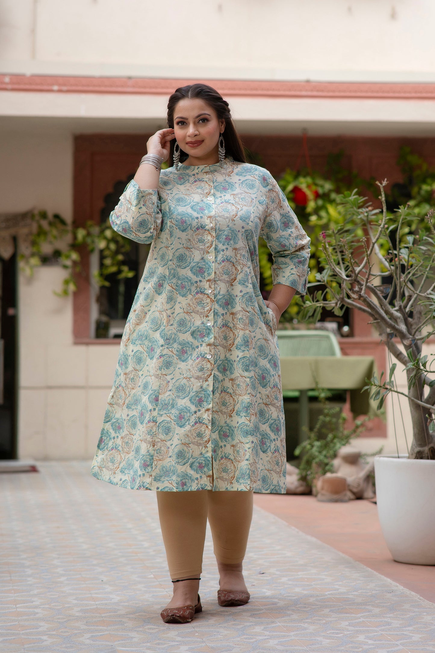 Off White Blue Pure Cotton 'A' Line Kurta