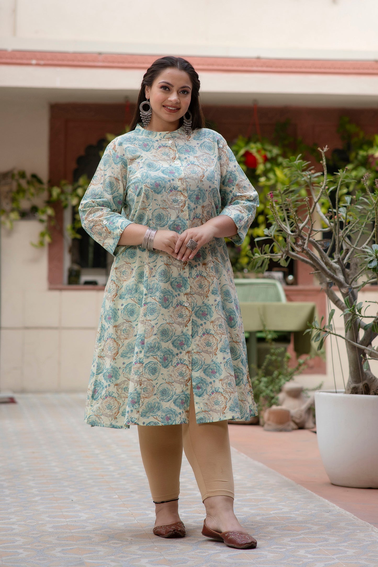 Off White Blue Pure Cotton 'A' Line Kurta