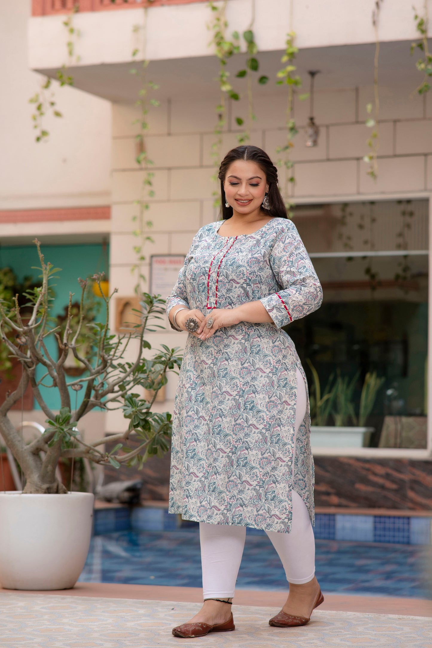 Light Blue Printed Pure Cotton Straight Kurti