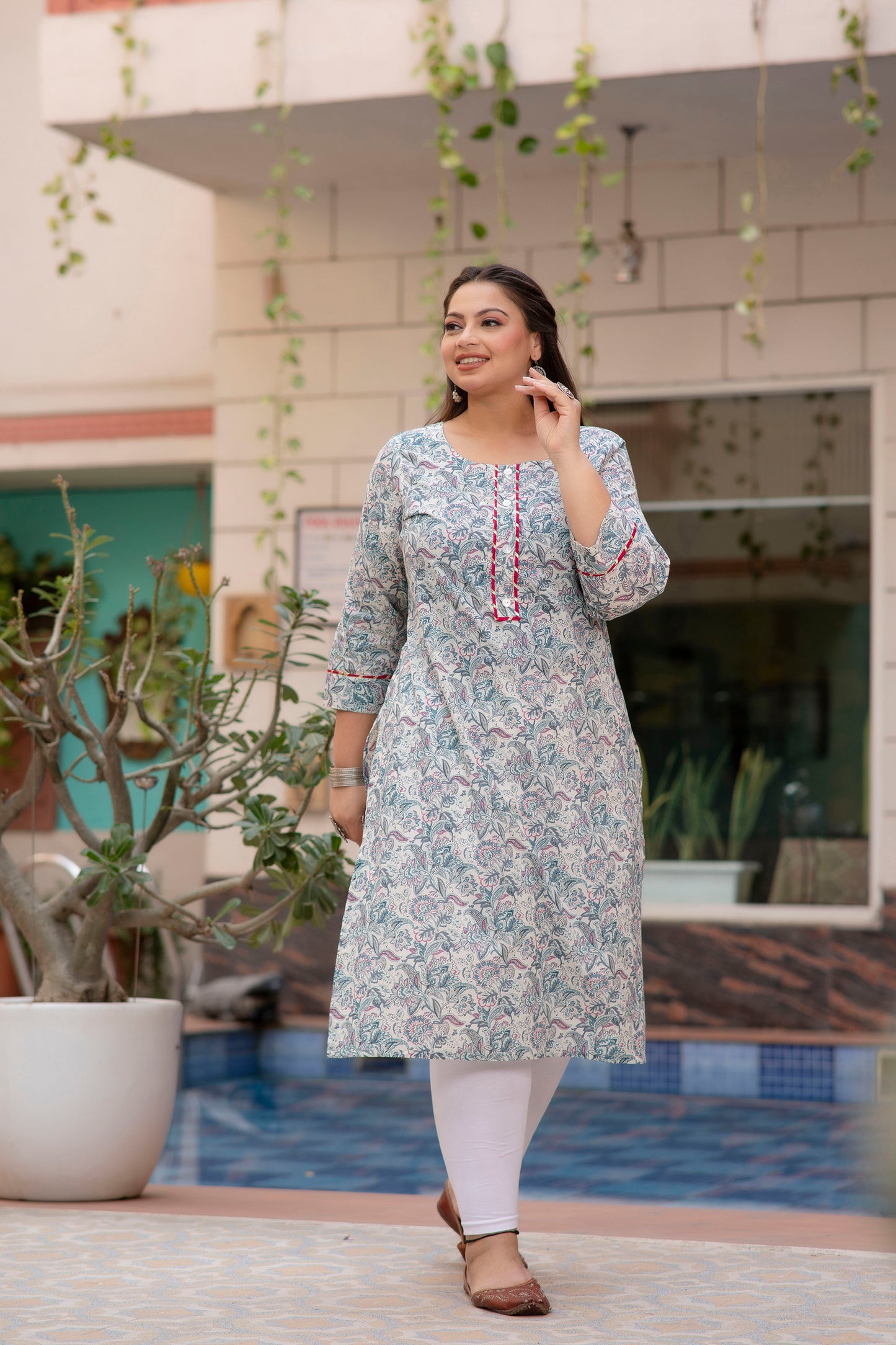 Light Blue Printed Pure Cotton Straight Kurti