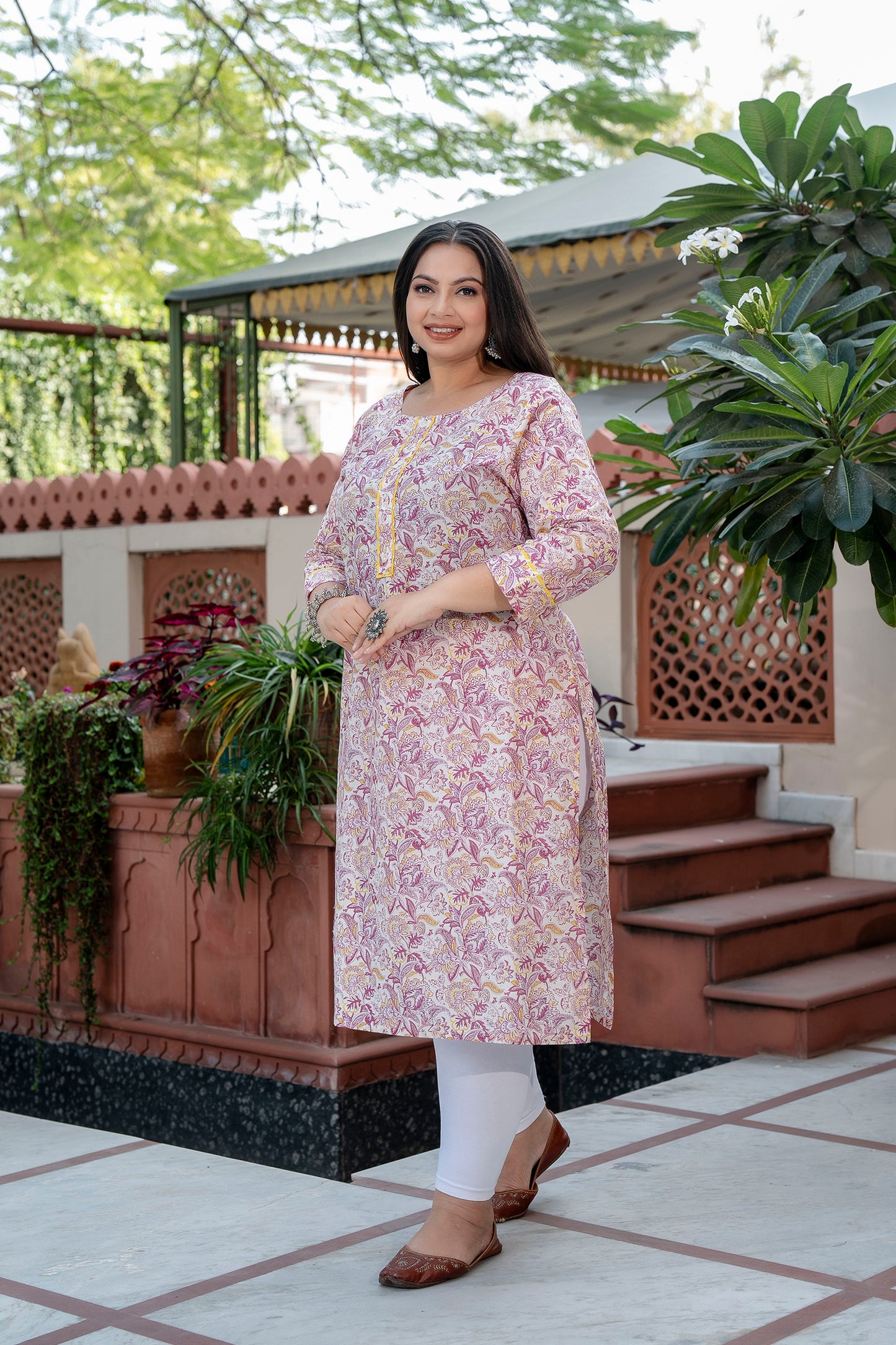 Pink Printed Pure Cotton Straight Kurti