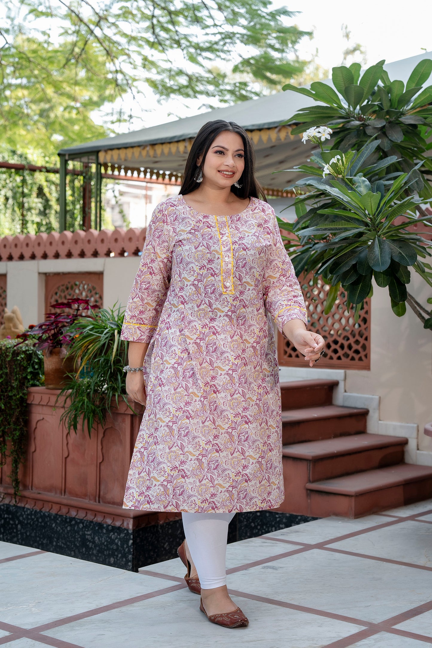 Pink Printed Pure Cotton Straight Kurti