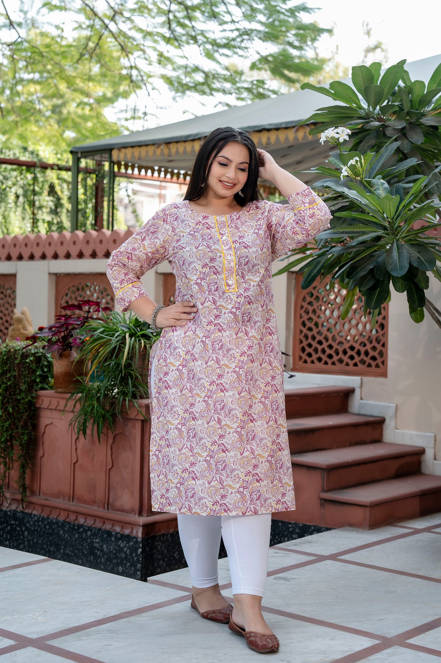 Pink Printed Pure Cotton Straight Kurti