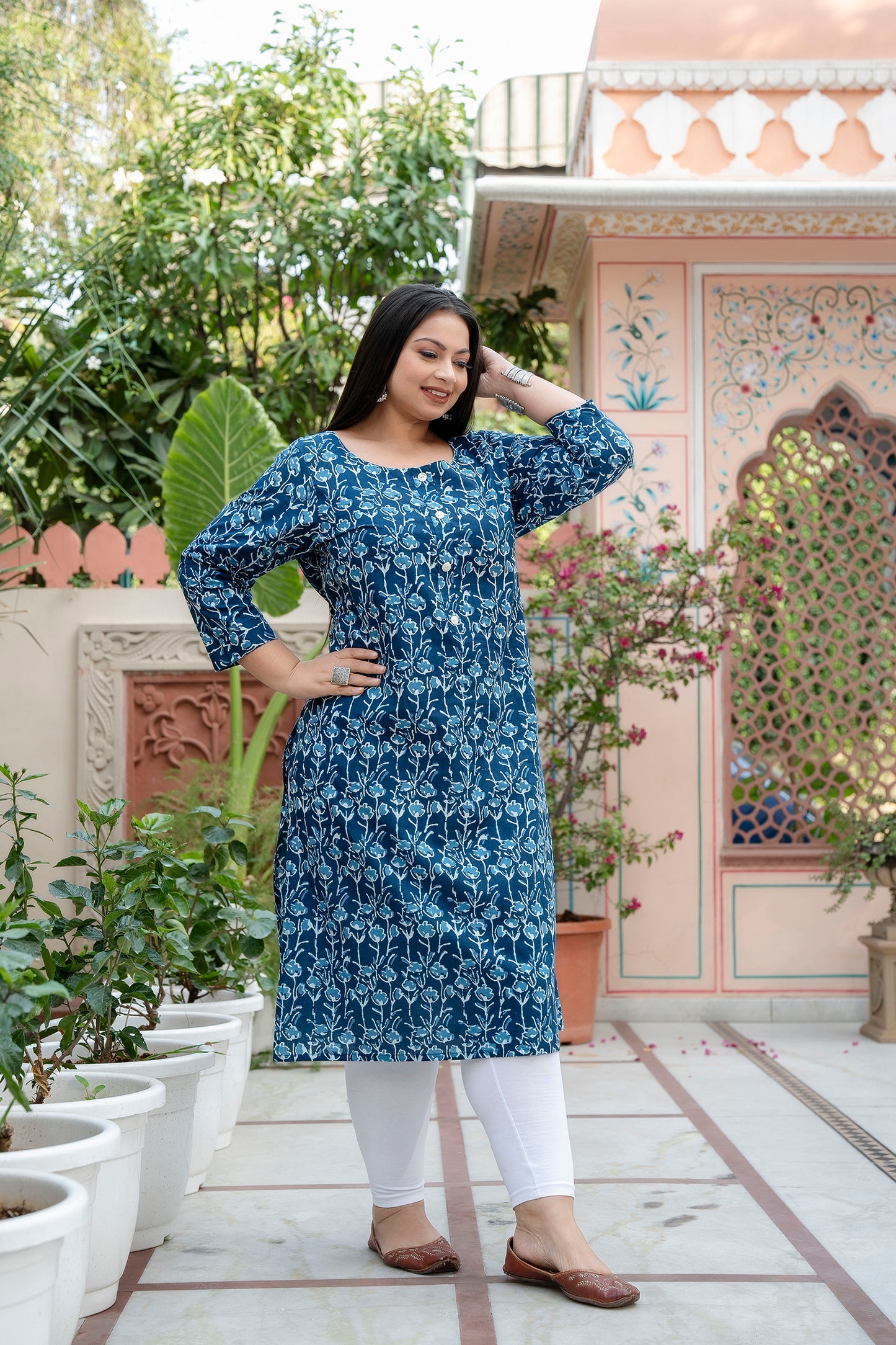 Blue Printed Pure Cotton Straight Kurti