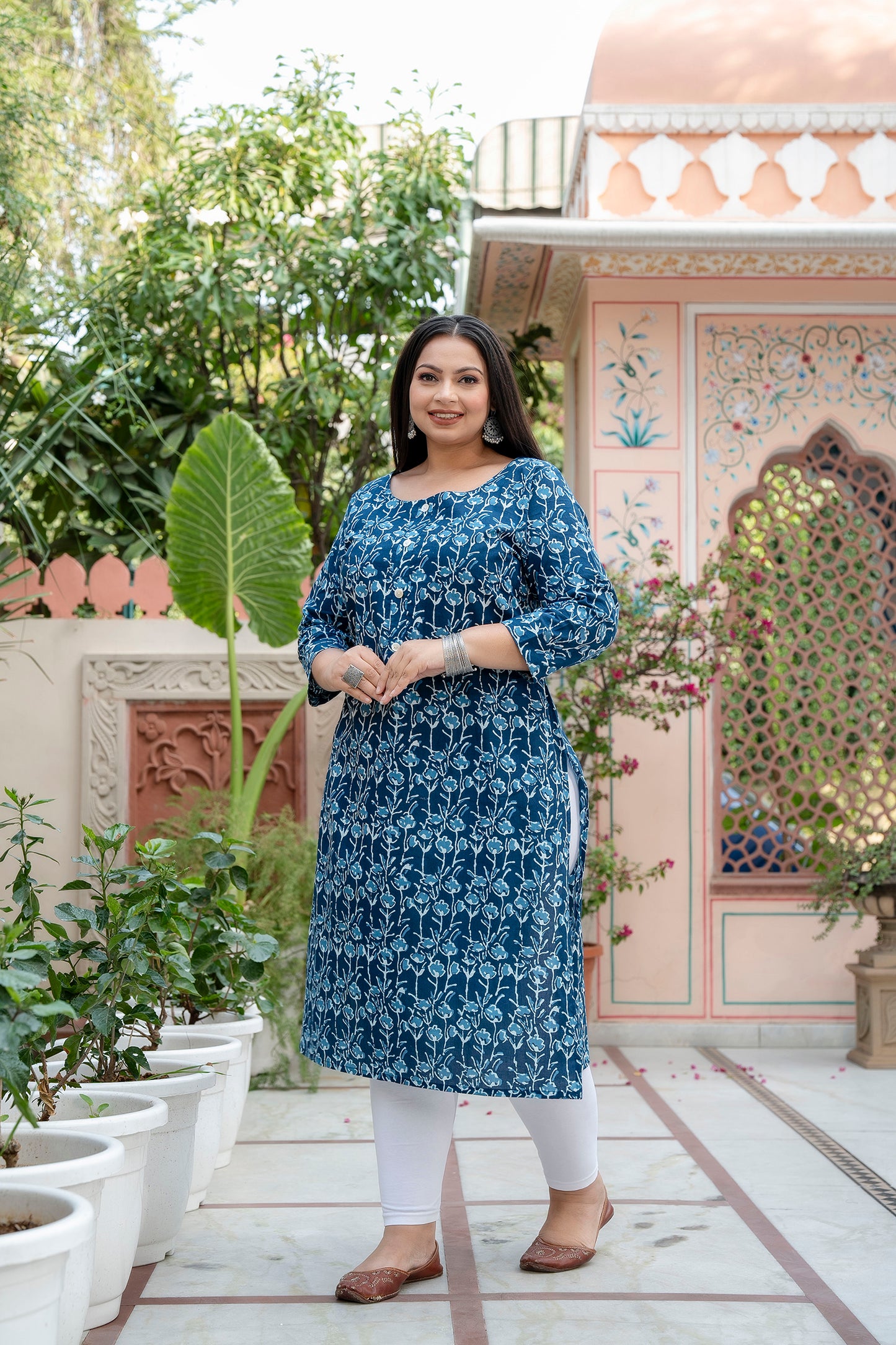 Blue Printed Pure Cotton Straight Kurti