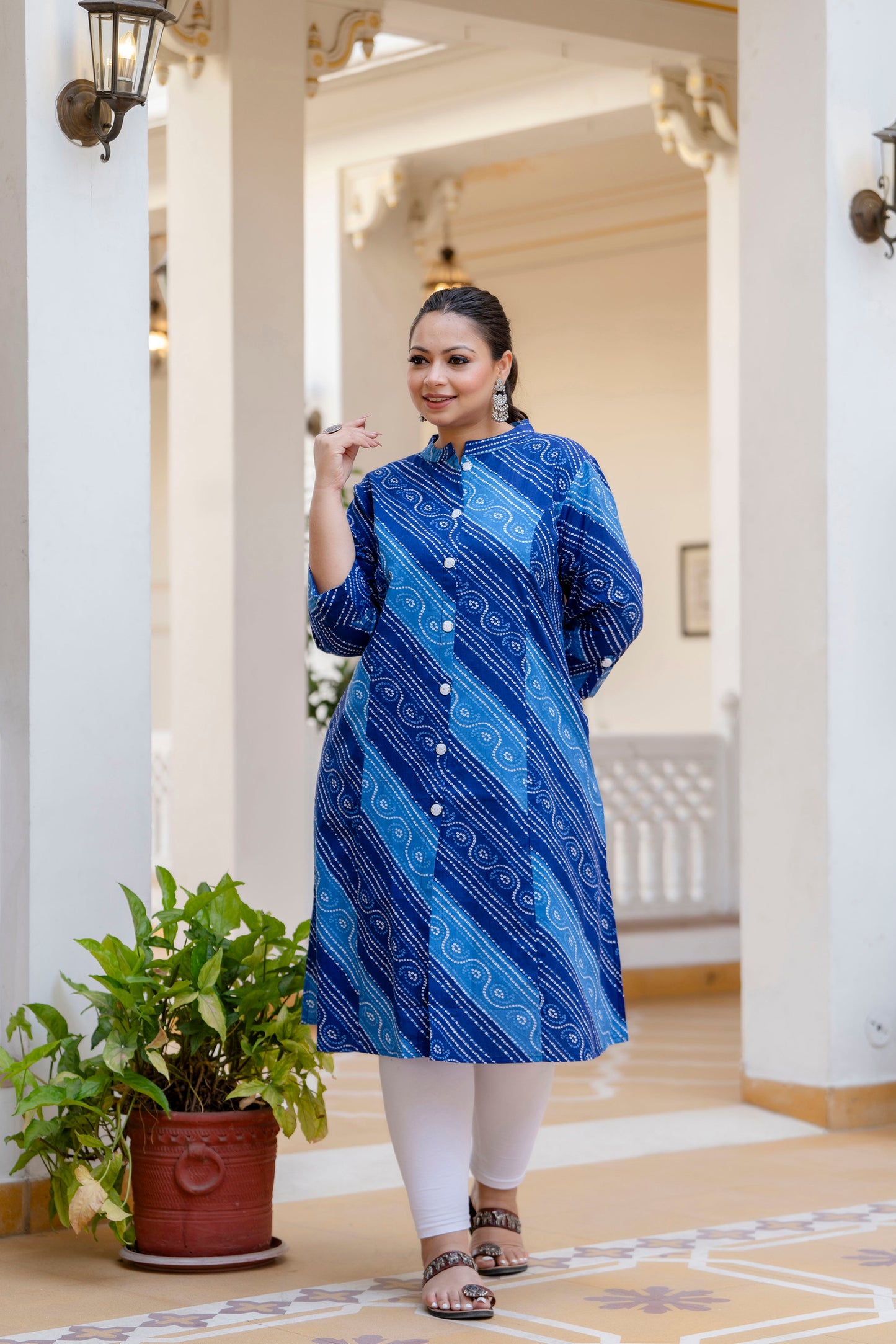 Blue Front Slit Lehriya A Line Kurta