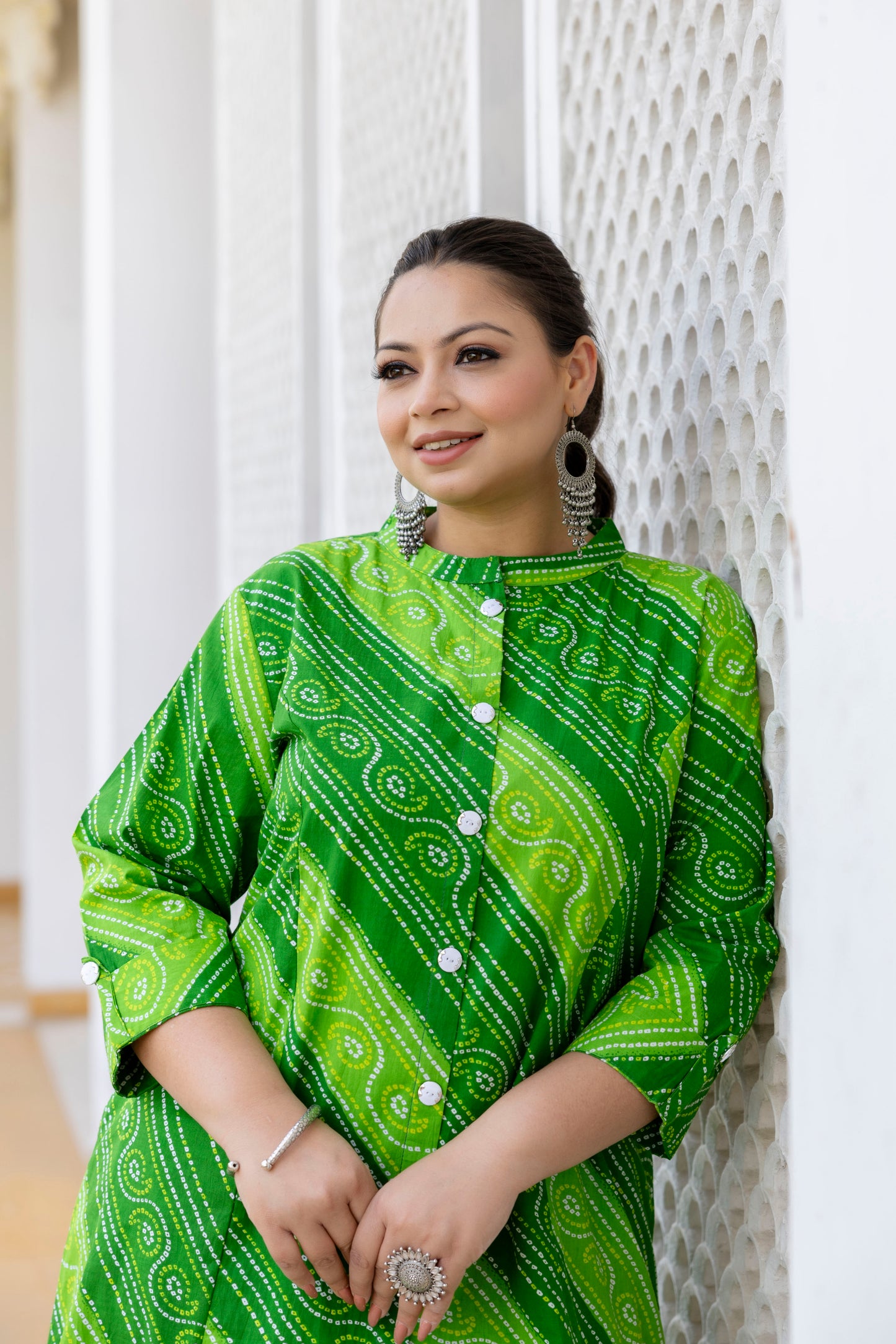 Green Front Slit Lehriya A Line Kurta