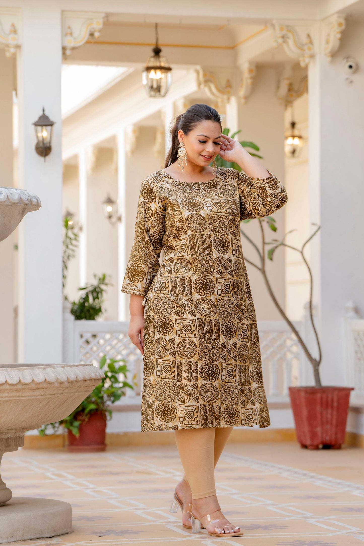 Beige Gota Work Straight Kurti