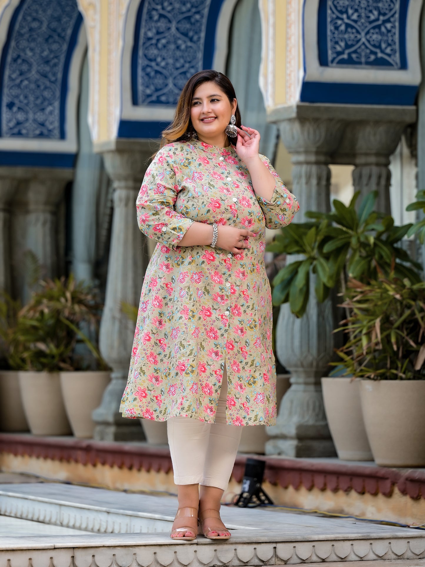 Beige Front Slit Princess Cut 'A' Line Kurta