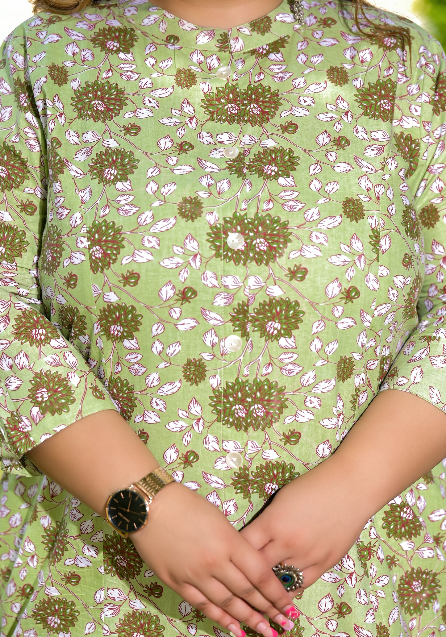 Green Front Slit 'A' Line Kurta (Cotton)