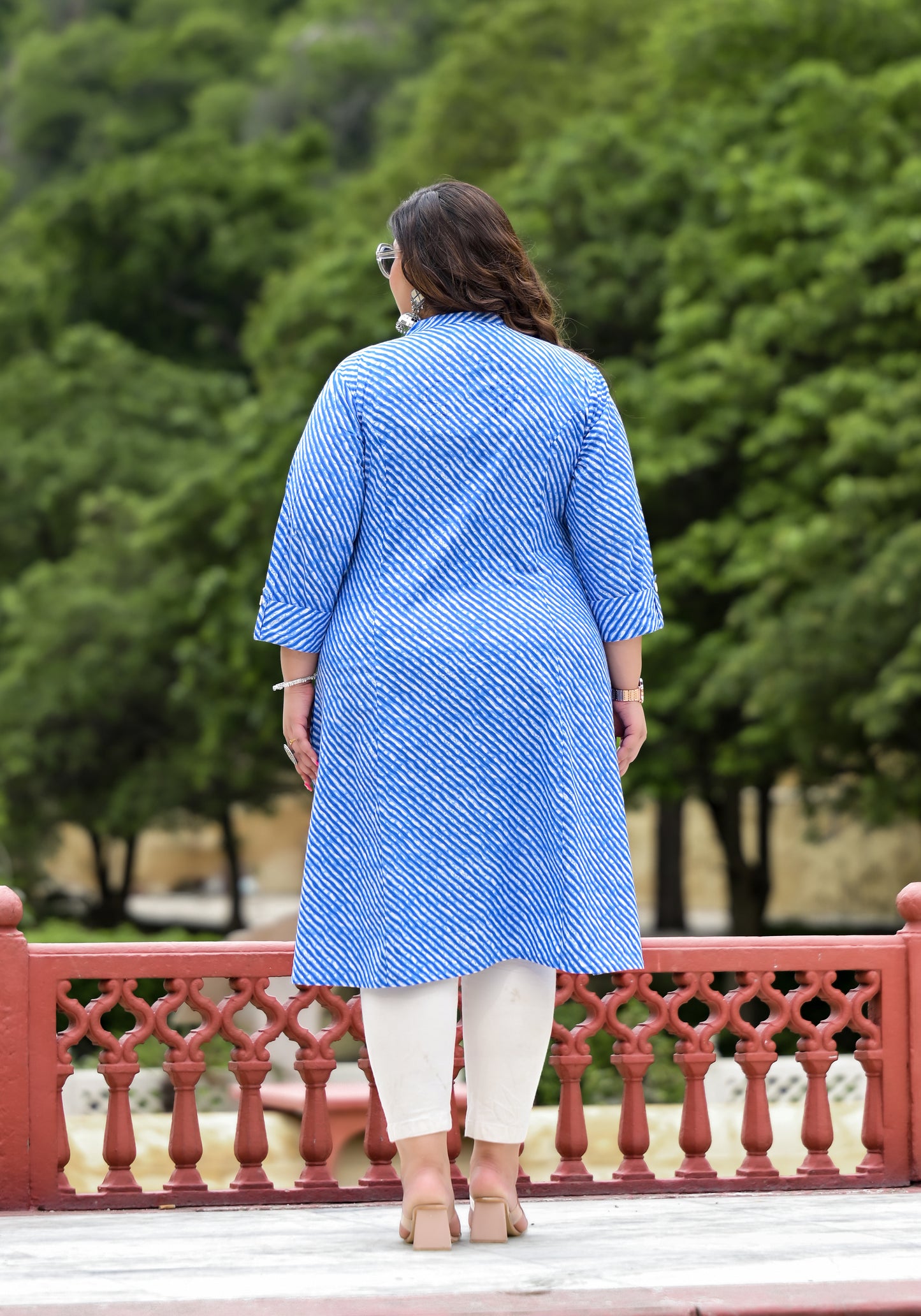 Blue Lehriya Front Slit 'A' Line Kurta (Cotton)