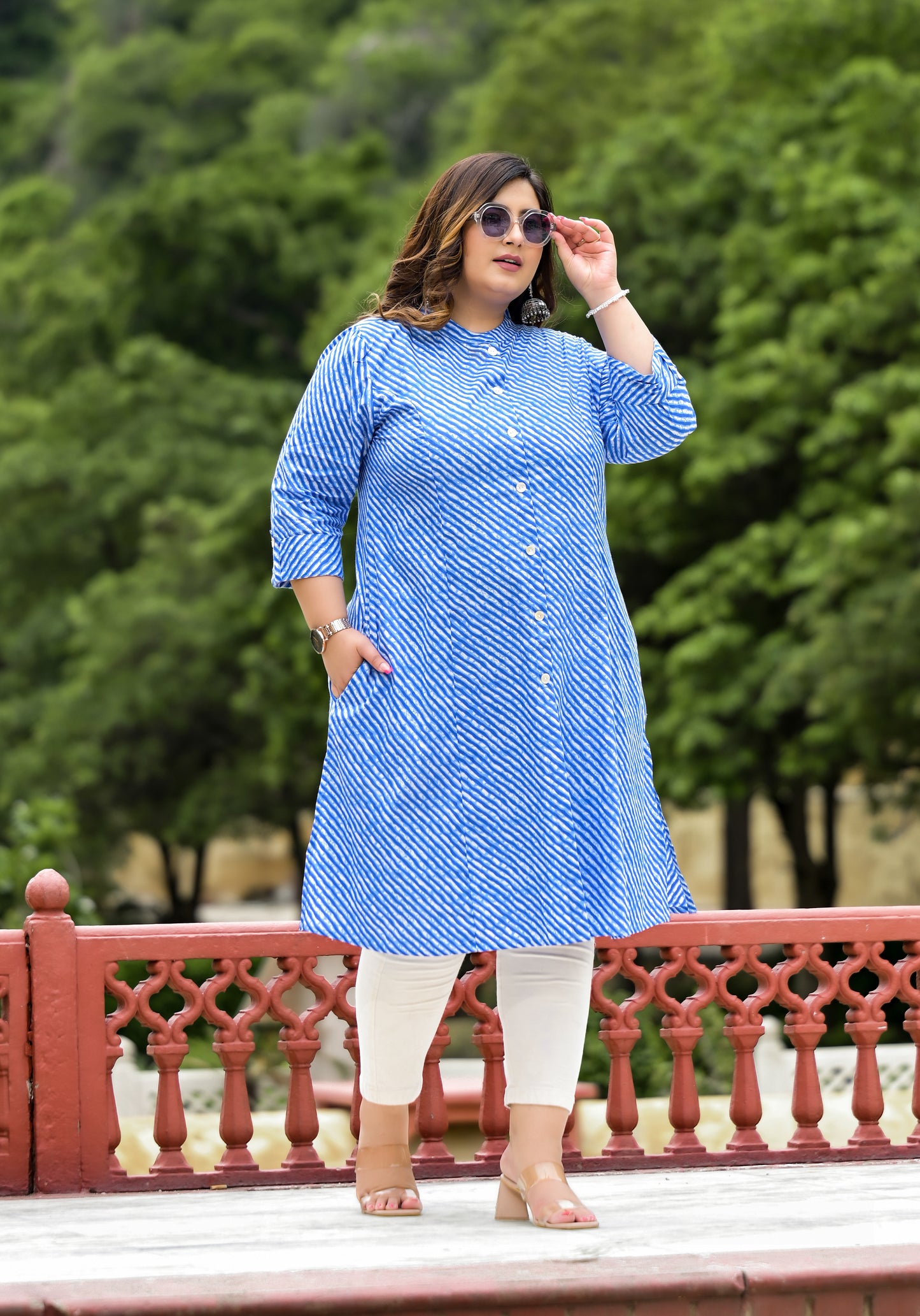 Blue Lehriya Front Slit 'A' Line Kurta (Cotton)