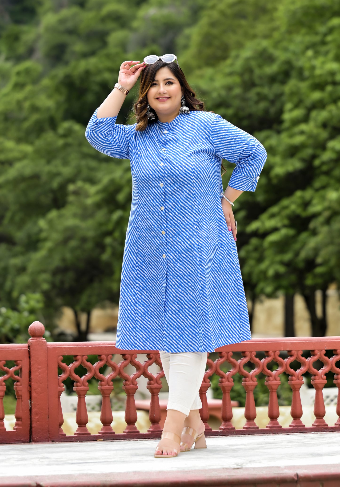 Blue Lehriya Front Slit 'A' Line Kurta (Cotton)
