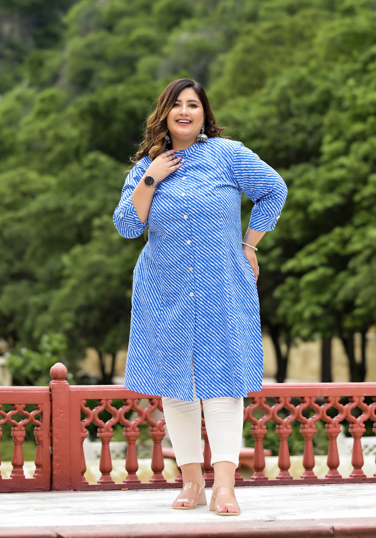 Blue Lehriya Front Slit 'A' Line Kurta (Cotton)