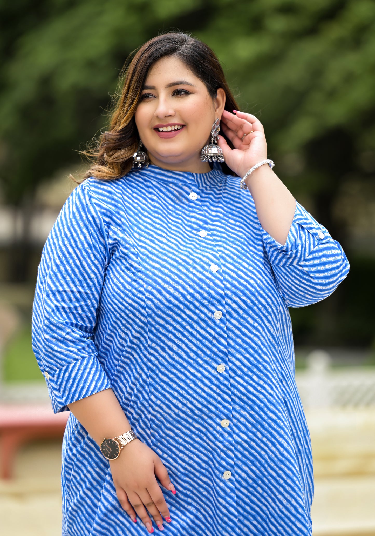 Blue Lehriya Front Slit 'A' Line Kurta (Cotton)