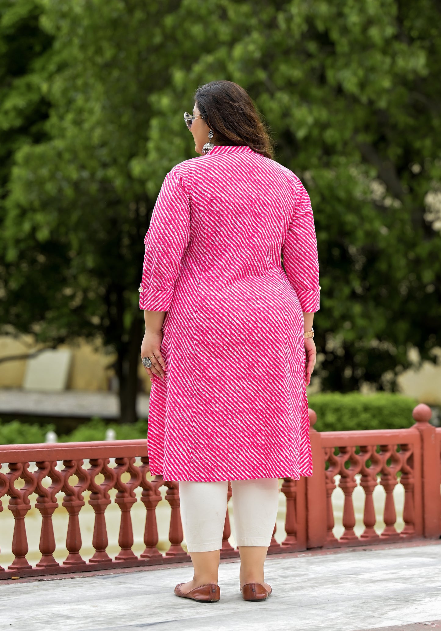Pink Lehriya Front Slit 'A' Line Kurta (Cotton)