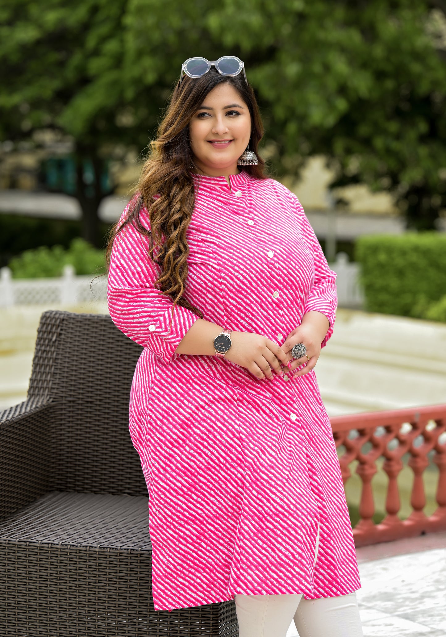 Pink Lehriya Front Slit 'A' Line Kurta (Cotton)